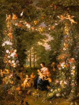 Jan The Elder Brueghel : Holy Family in a Flower and Fruit Wreath (painted with Pieter van Avont)